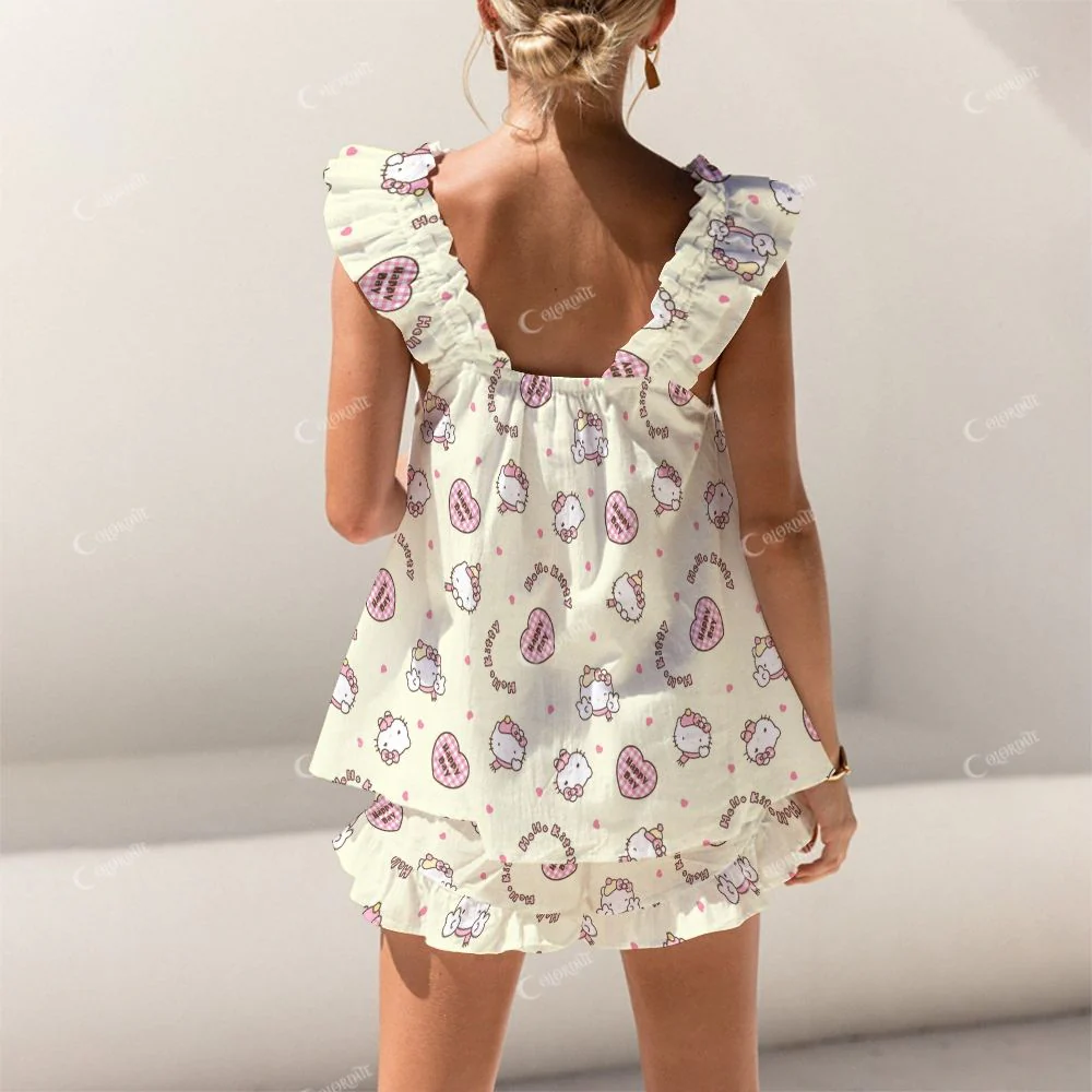 Colordate Cute Cat Print Short Tank Top Shorts Pajama Set - Image 2