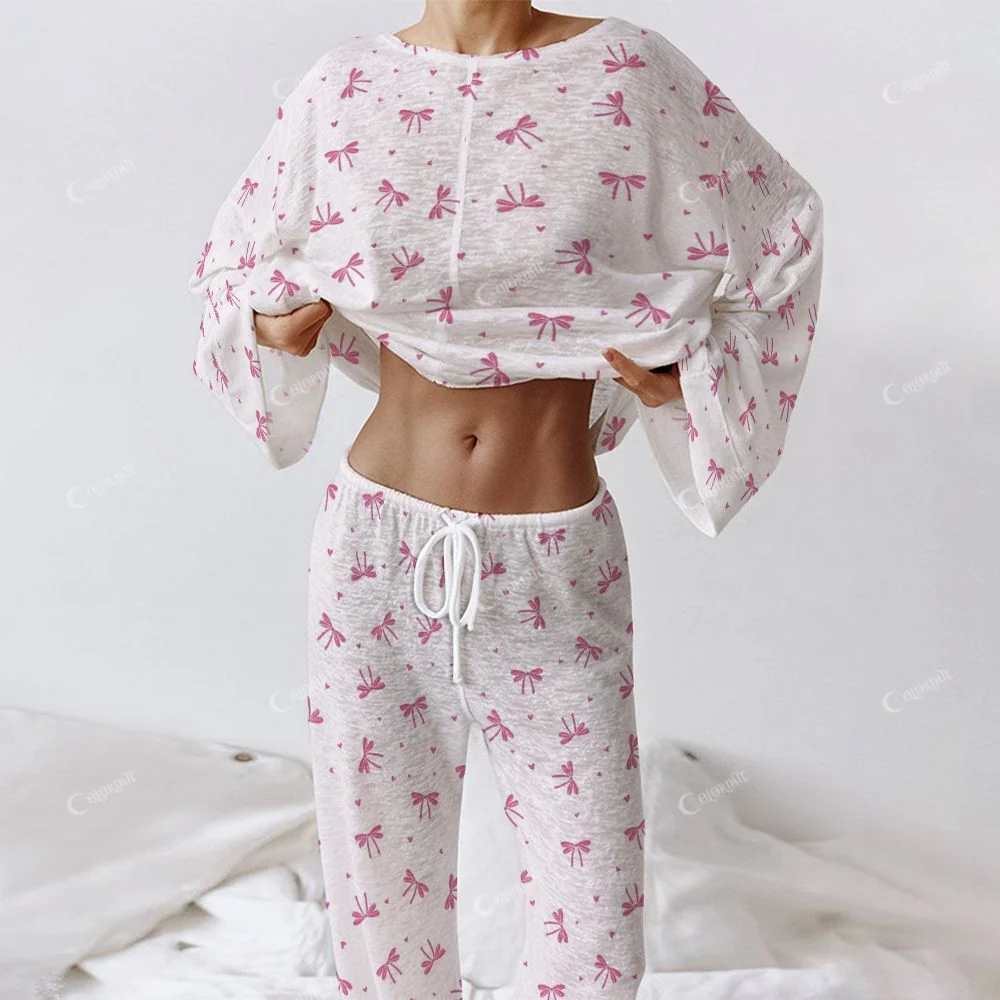 Colordate Women's Pink Bow Print Long Sleeve Cotton Homewear Set