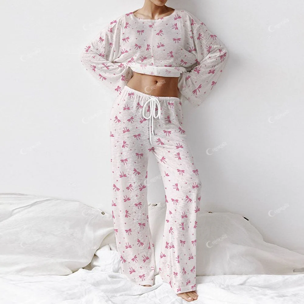 Colordate Women's Pink Bow Print Long Sleeve Cotton Homewear Set - Image 2