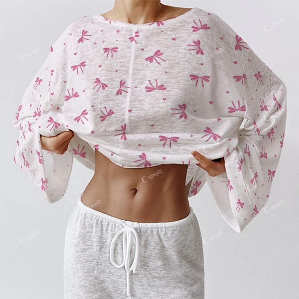 Colordate Women's Pink Bow Print Long Sleeve Cotton Homewear Set - Image 4