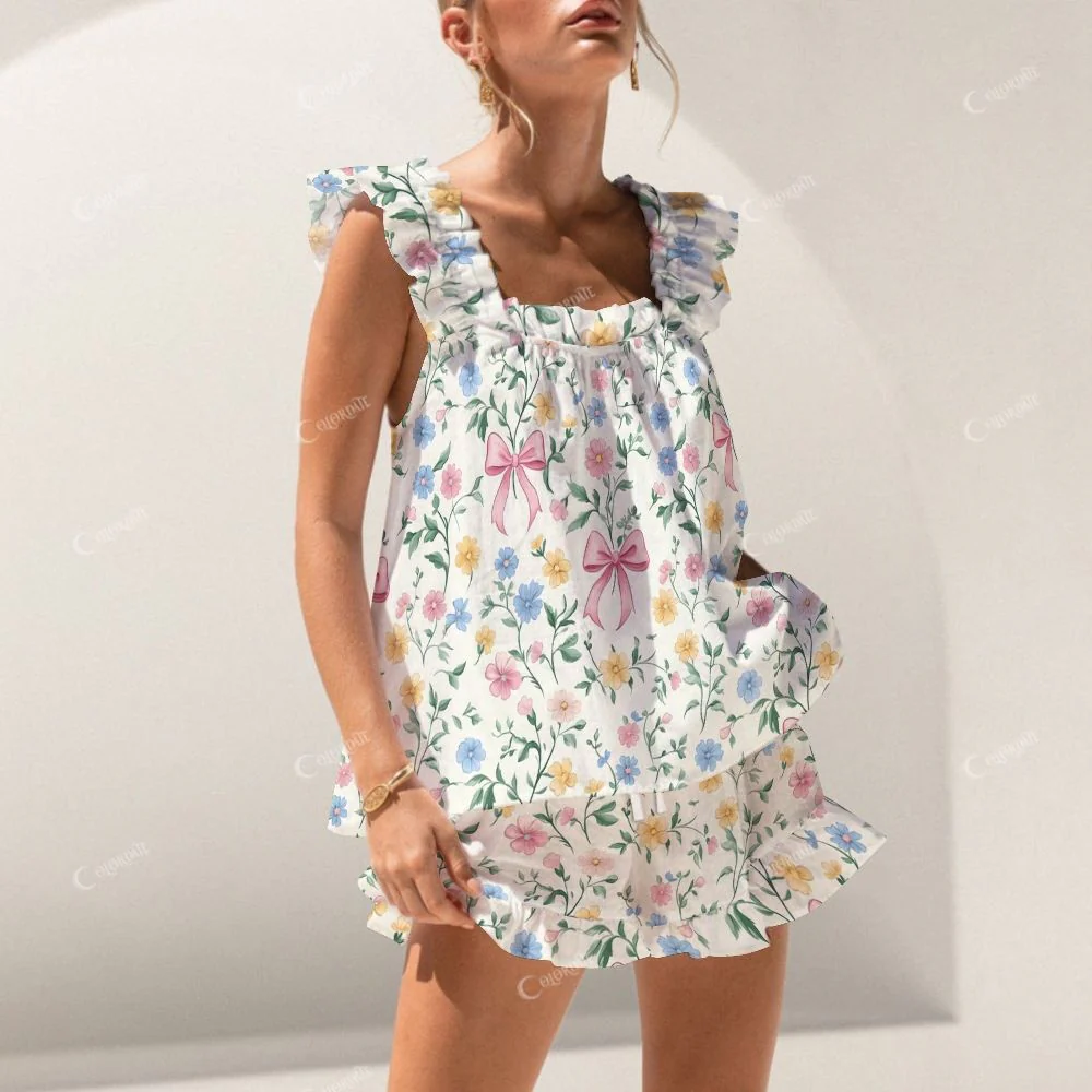 Colordate Bows And Flower Prints Short Tank Top Shorts Pajama Set