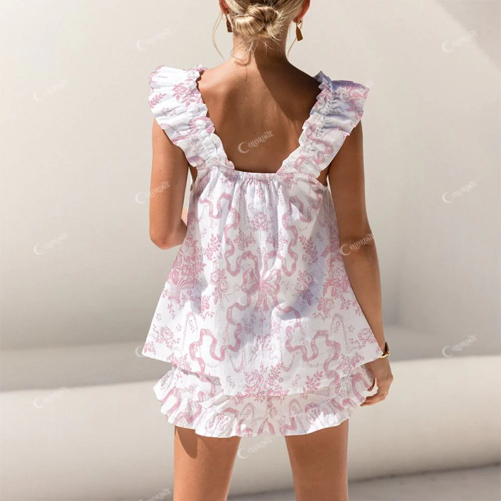 Colordate Bow And Flower Print Short Tank Top Shorts Pajama Set - Image 2