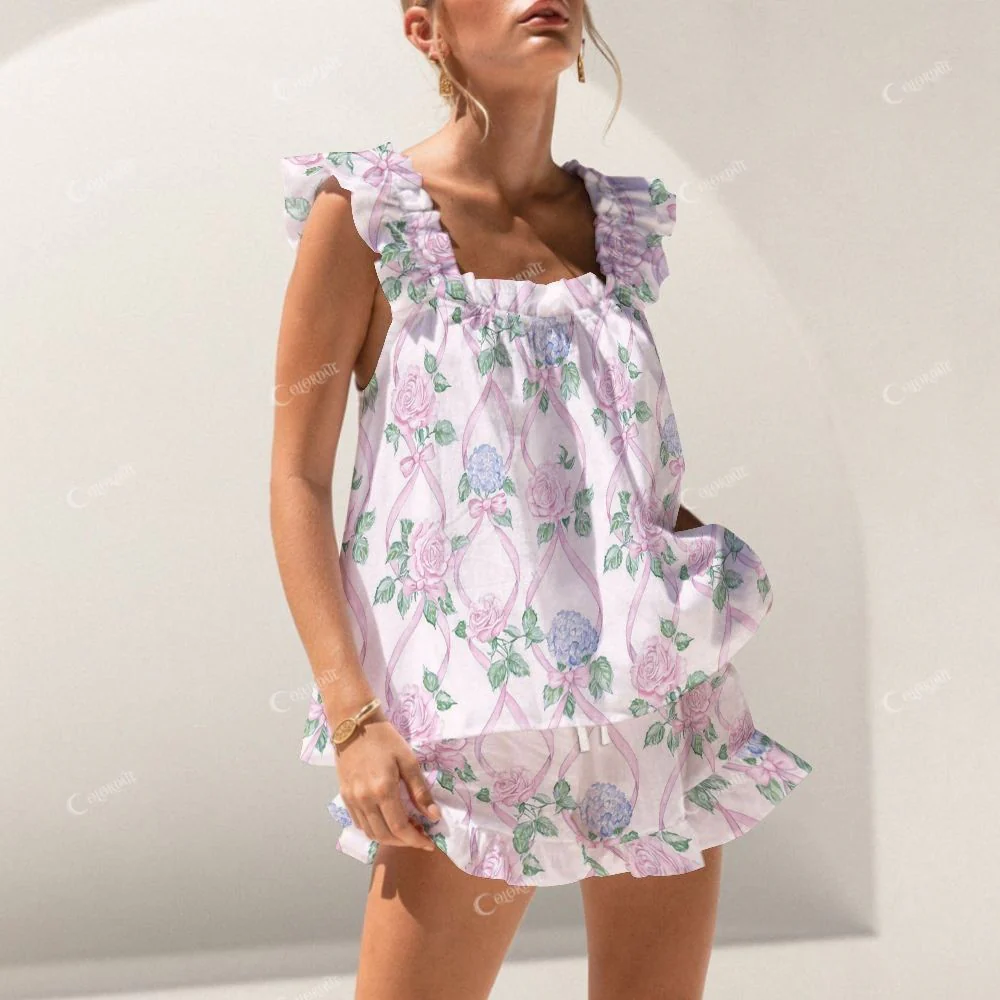 Colordate Blossom Hush Flower Print Short Tank Top Shorts Pajama Set