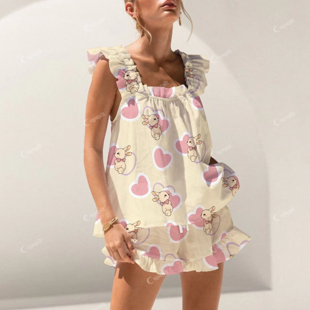 Colordate Heart And Rabbit Prints Short Tank Top Shorts Pajama Set