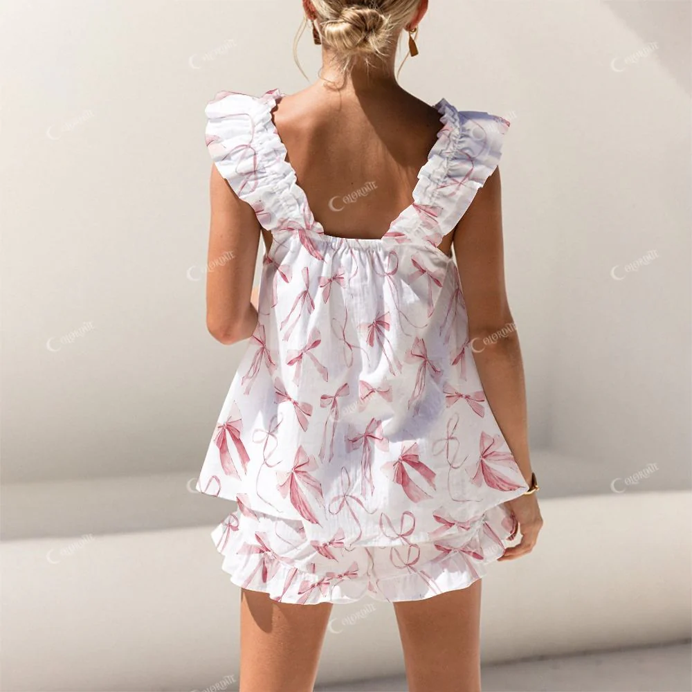 Colordate Red Bow Print Short Tank Top Shorts Pajama Set - Image 2