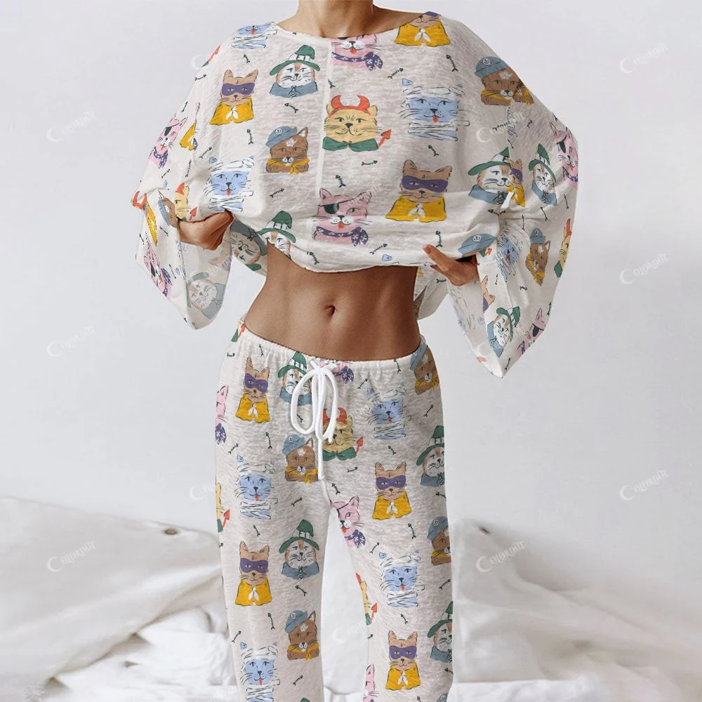 Colordate Mew Mirage Women's Cat Print Long Sleeve Cotton Homewear Set