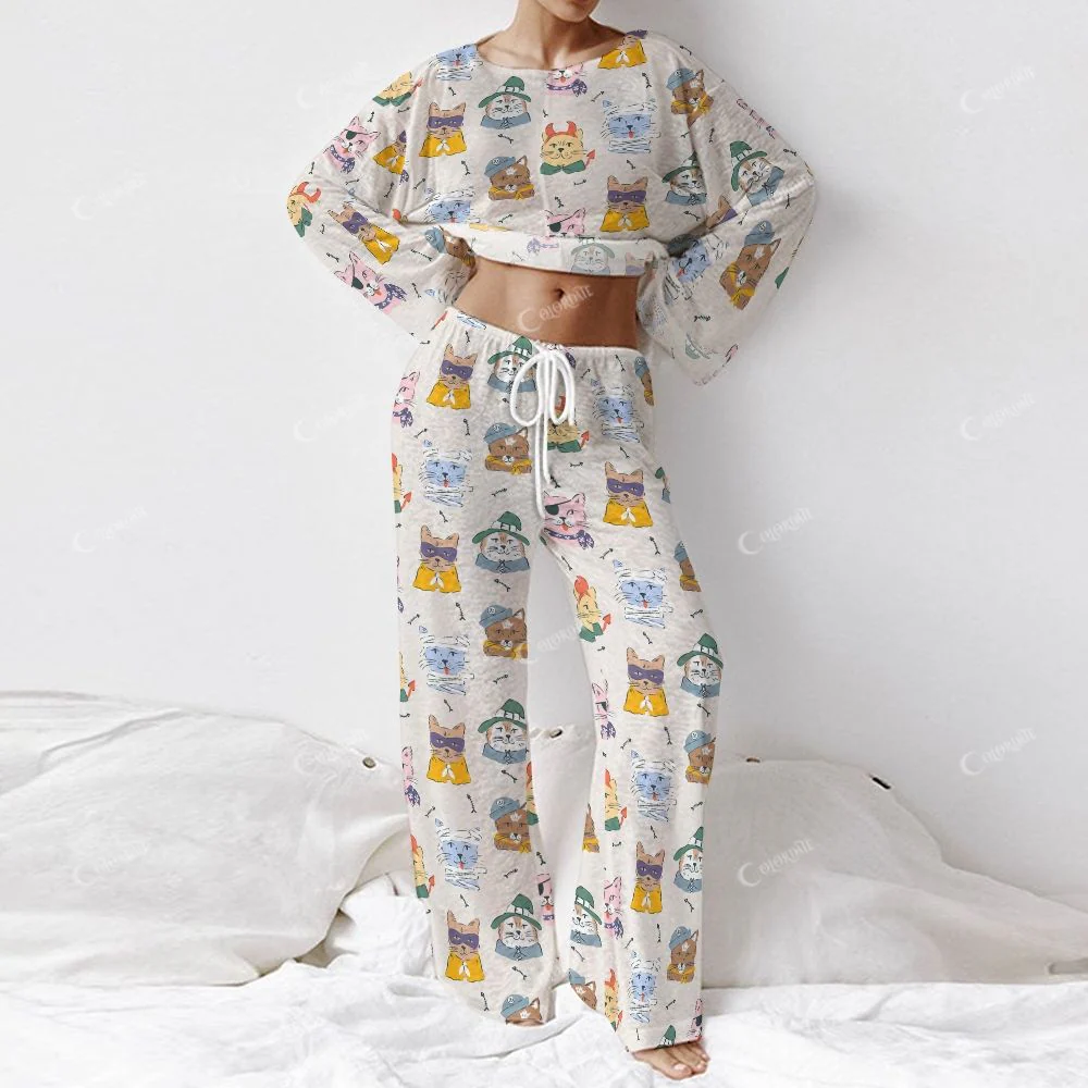Colordate Mew Mirage Women's Cat Print Long Sleeve Cotton Homewear Set - Image 2