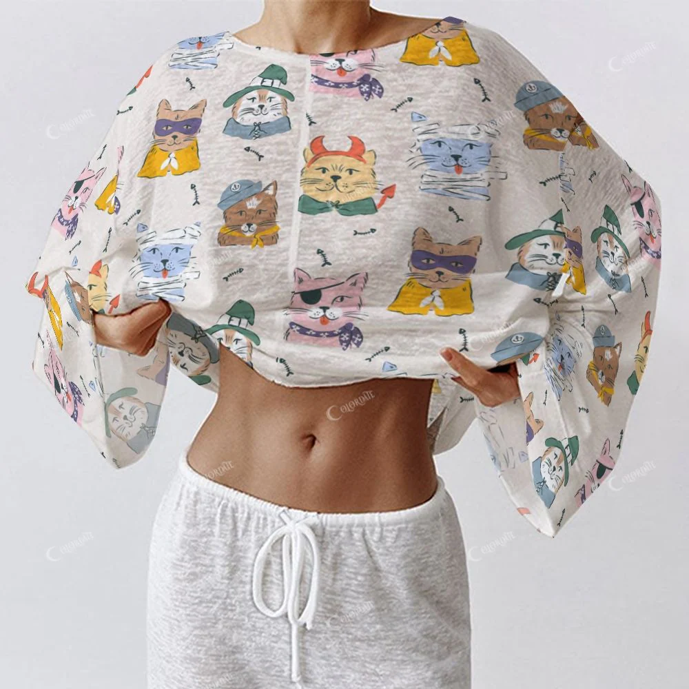 Colordate Mew Mirage Women's Cat Print Long Sleeve Cotton Homewear Set - Image 4