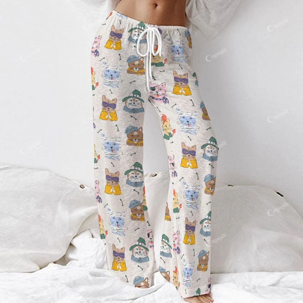 Colordate Mew Mirage Women's Cat Print Long Sleeve Cotton Homewear Set - Image 5