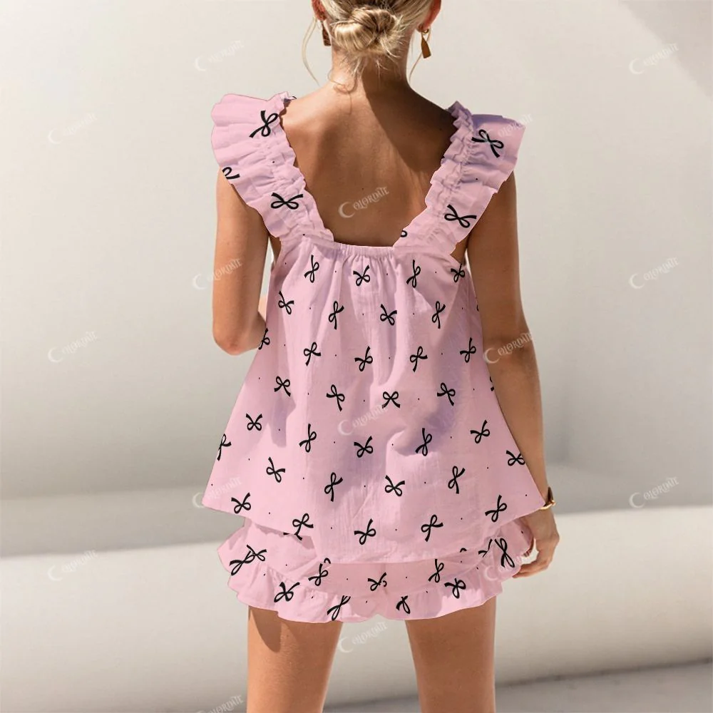 Colordate Midnight Bow Black Bow Print Short Tank Top Shorts Pajama Set - Image 2