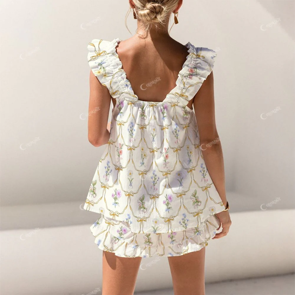 Colordate Floral Print Short Tank Top Shorts Pajama Set - Image 2