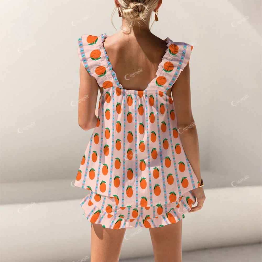Colordate Orange Print Short Tank Top Shorts Pajama Set - Image 2