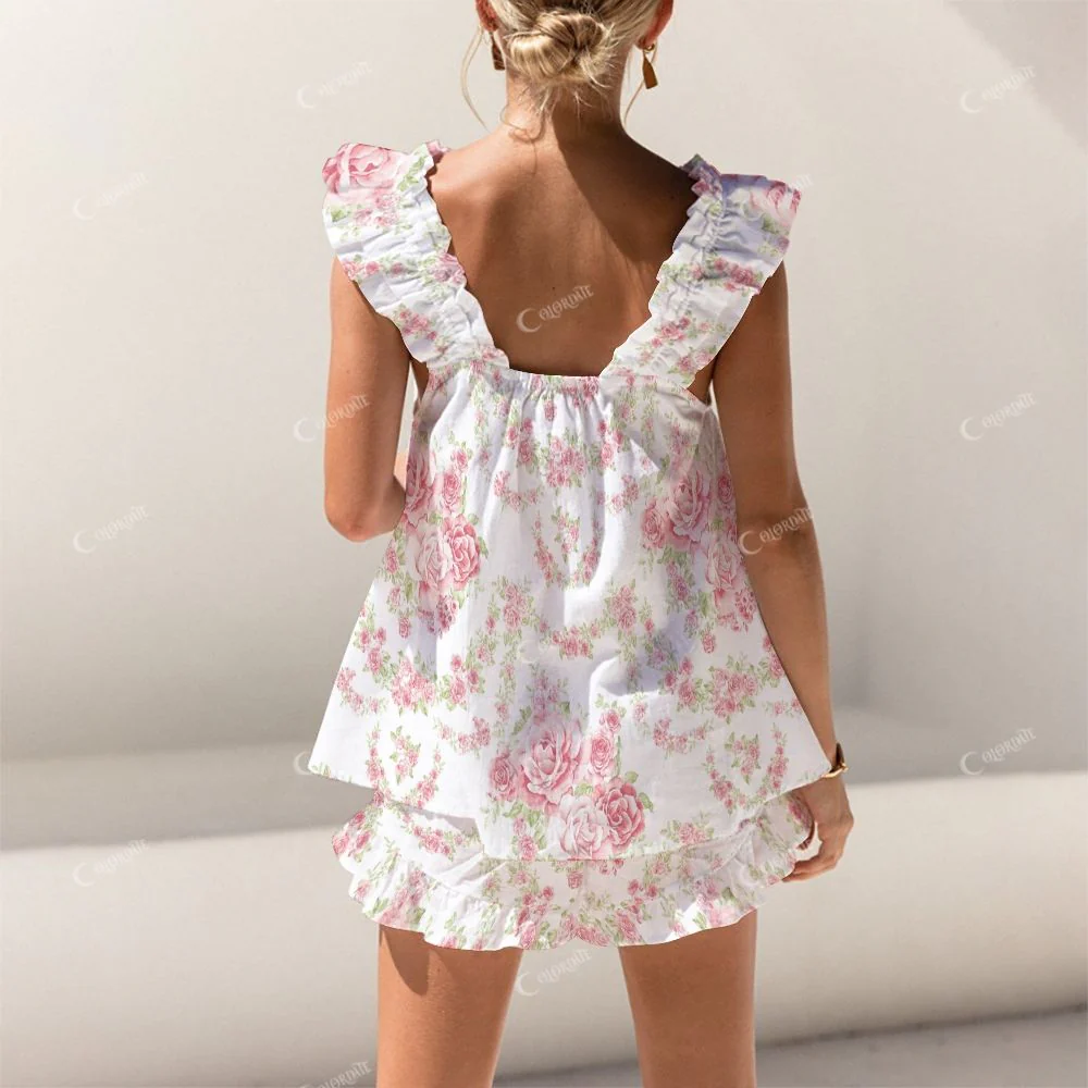 Colordate Pink Rose Print Short Tank Top Shorts Pajama Set - Image 2