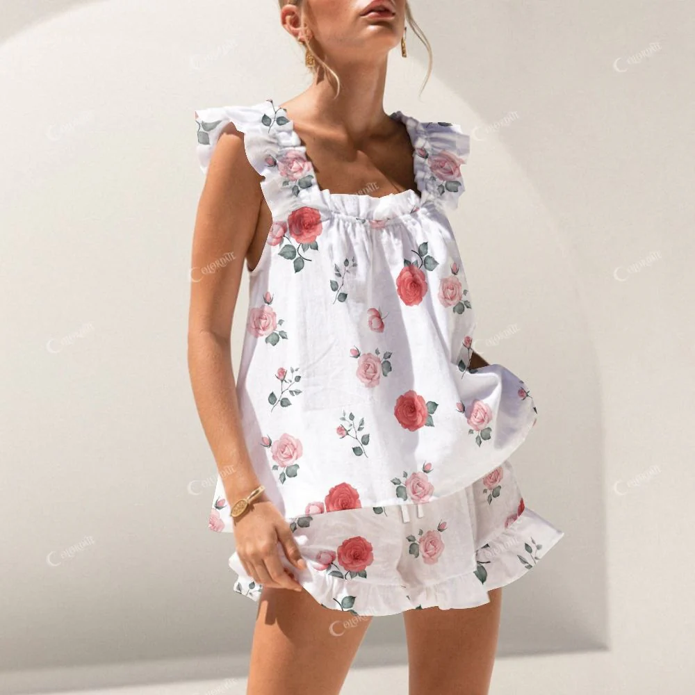 Colordate Rose Print Short Tank Top Shorts Pajama Set