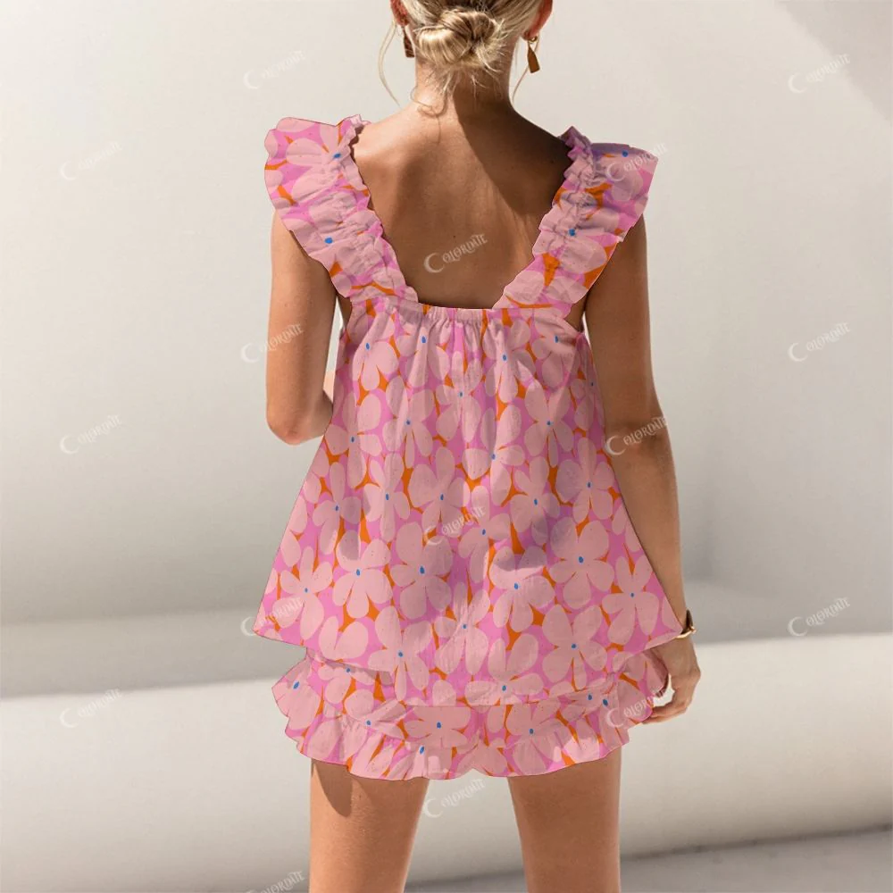 Colordate Pink Floral Print Short Tank Top Shorts Pajama Set - Image 2