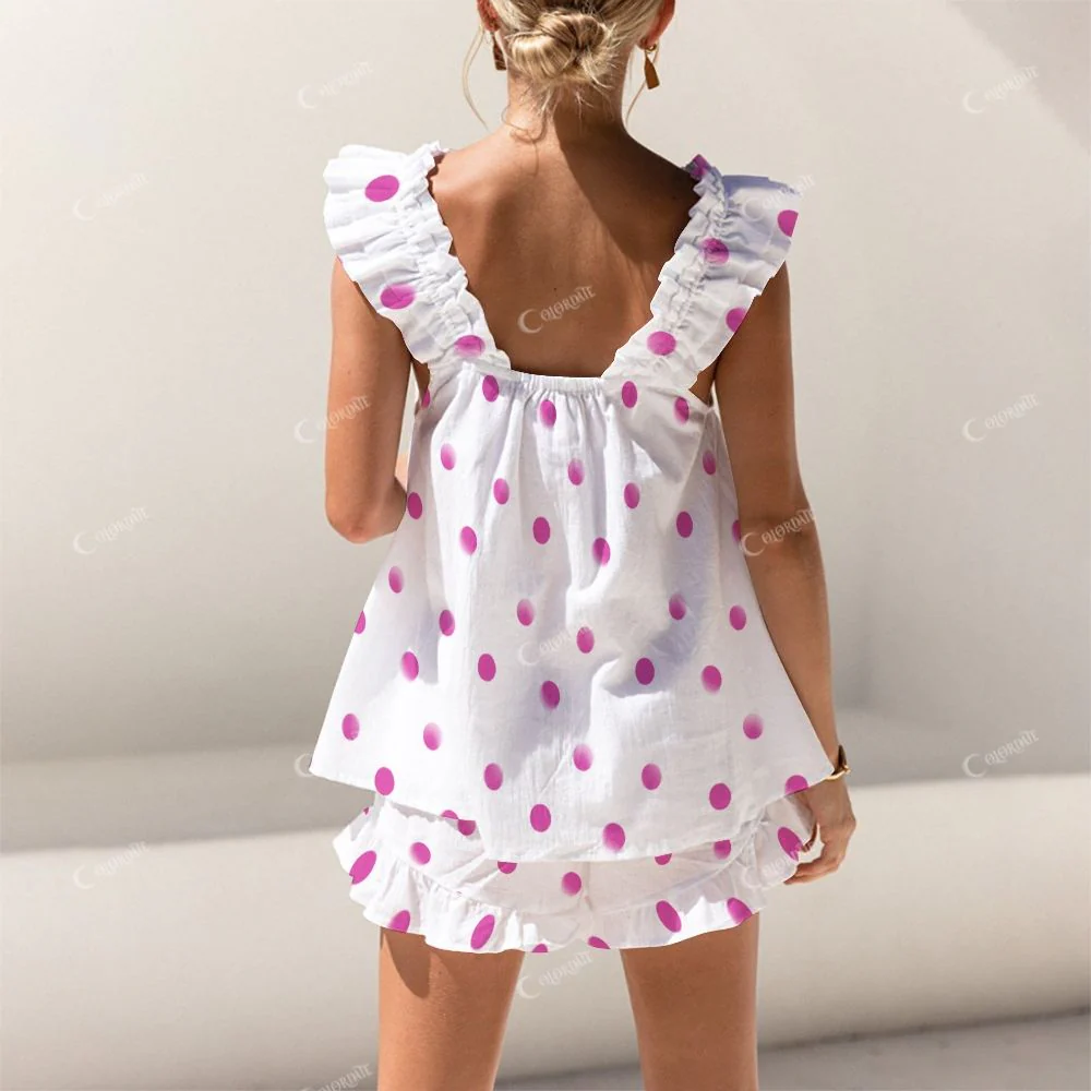 Colordate Pink Polka Dot Print Short Tank Top Shorts Pajama Set - Image 2