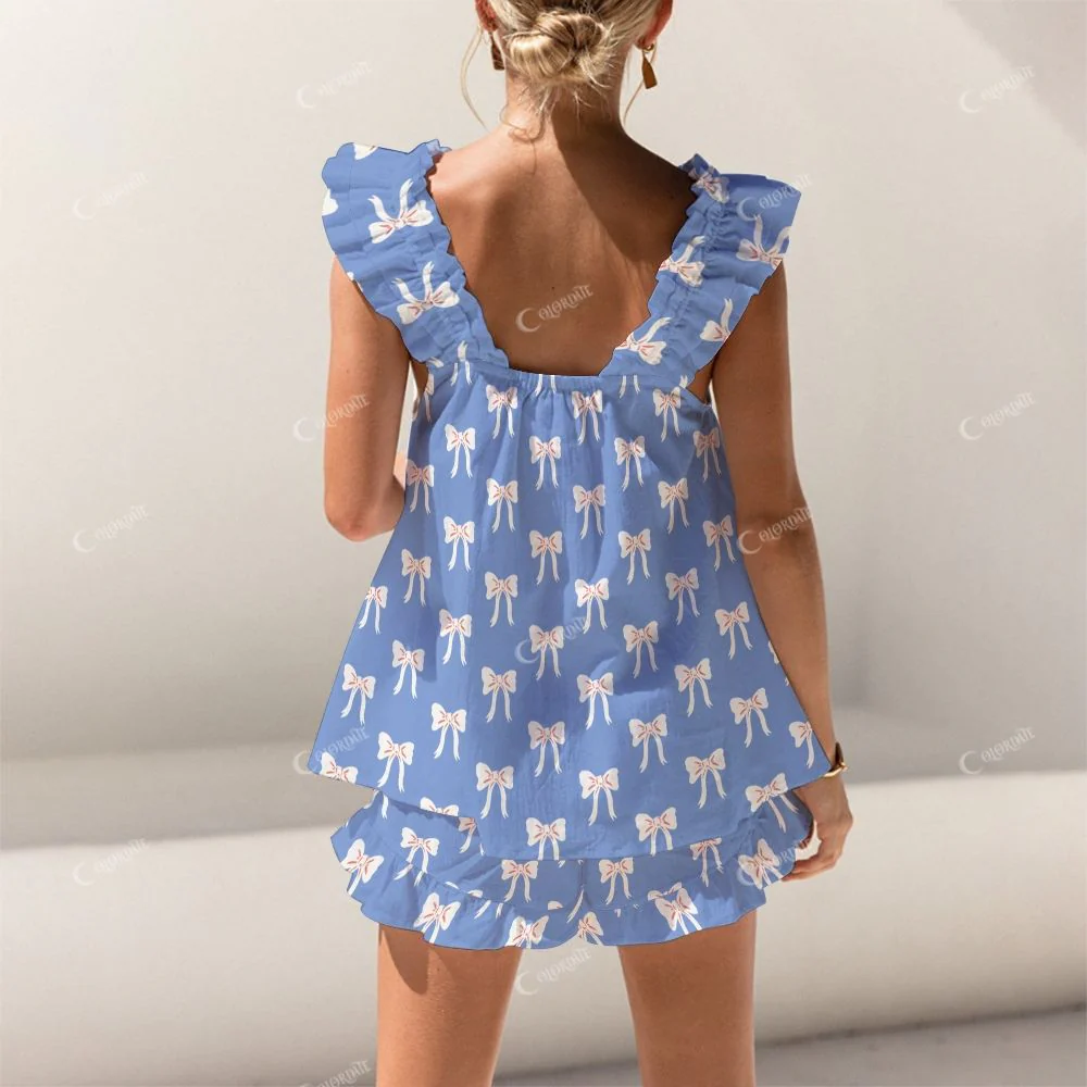 Colordate Bow Knot Print Short Tank Top Shorts Pajama Set - Image 2