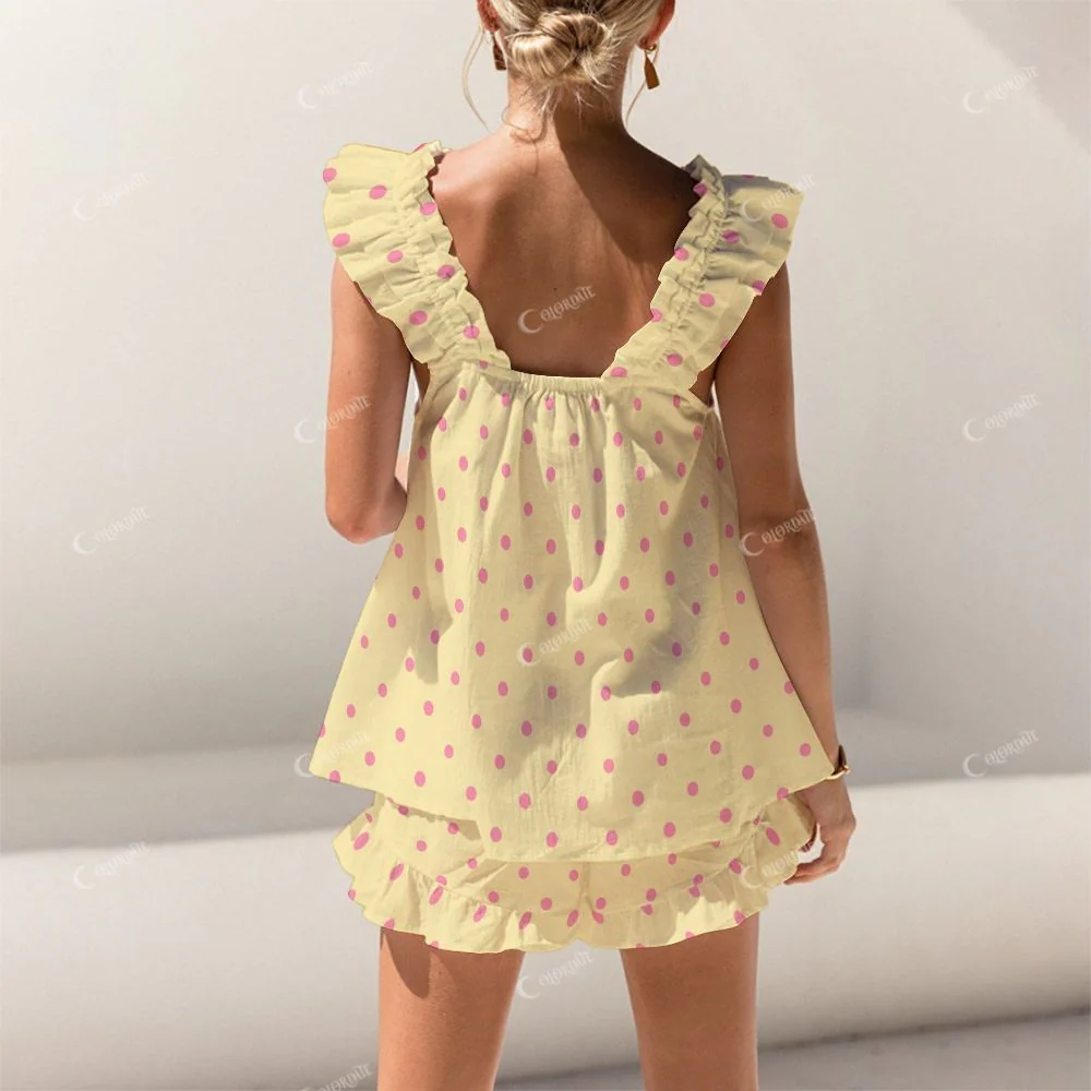 Colordate Pink Polka Dot Print Short Tank Top Shorts Pajama Set - Image 2