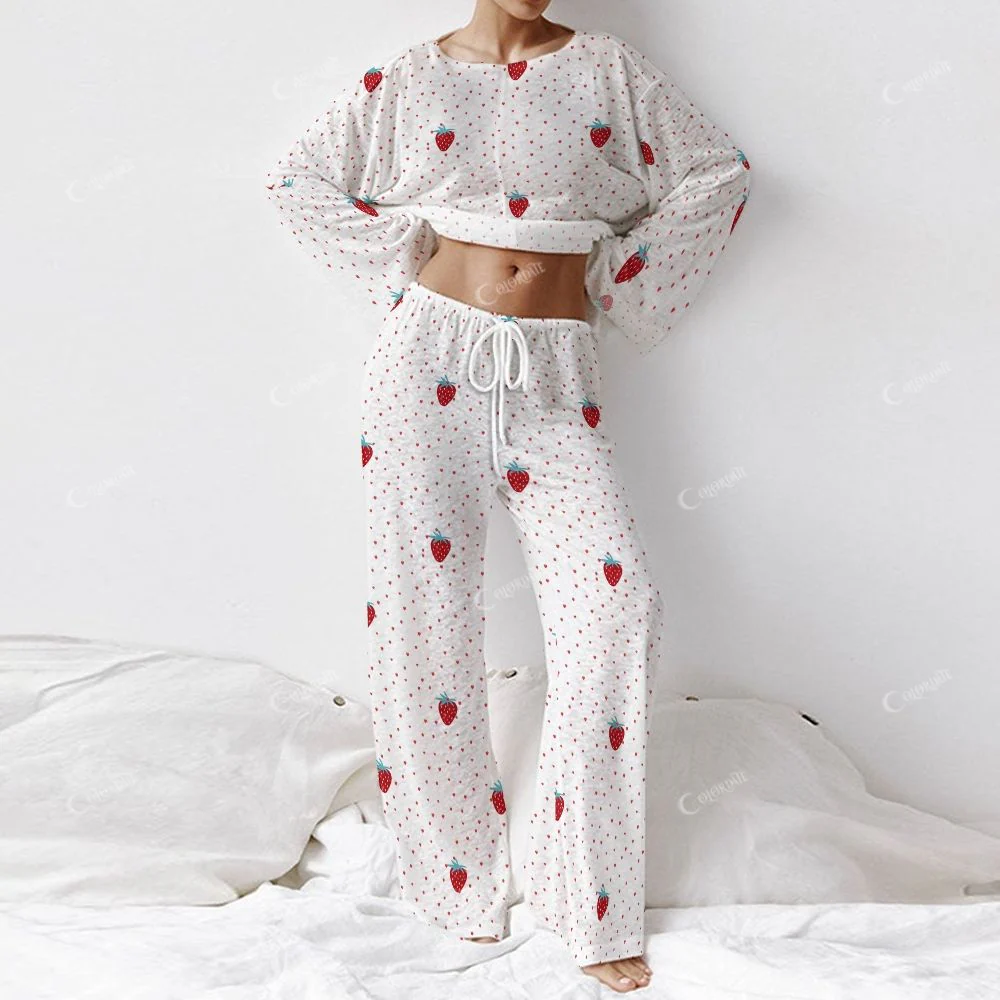 Colordate Women's Strawberry Print Long Sleeve Cotton Homewear Set - Image 2