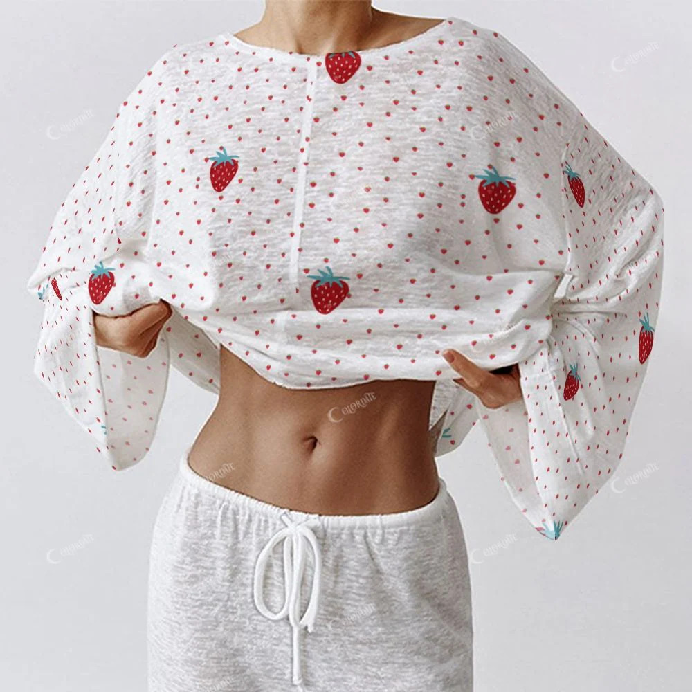 Colordate Women's Strawberry Print Long Sleeve Cotton Homewear Set - Image 4