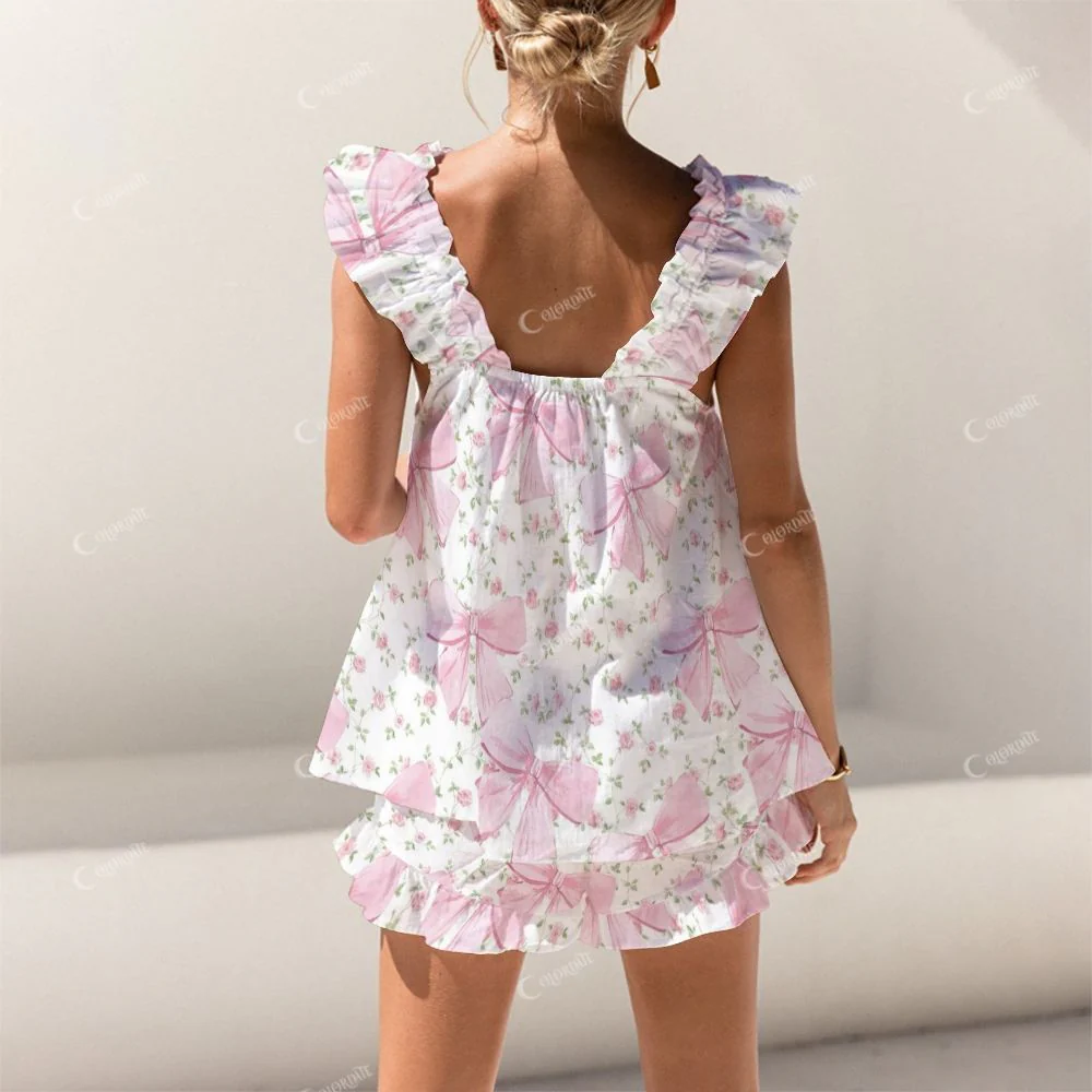 Colordate Bows And Flower Prints Short Tank Top Shorts Pajama Set - Image 2