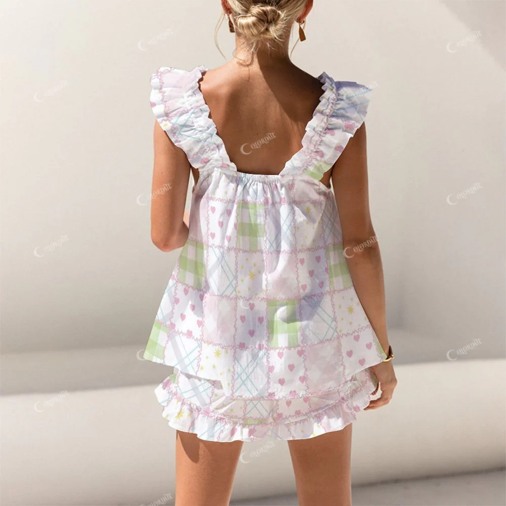 Colordate Checkered Patchwork Print Short Tank Top Shorts Pajama Set - Image 2