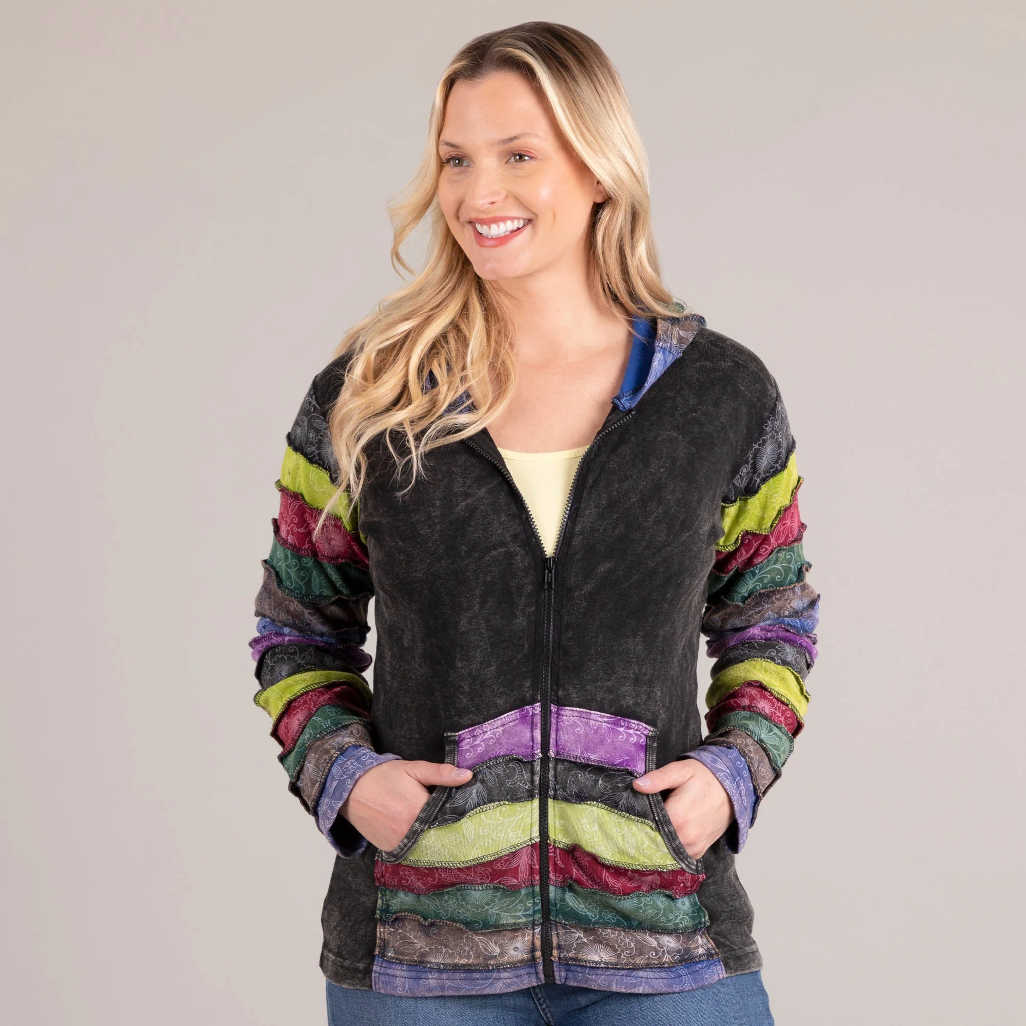 Rows of Flowers Block Print Zip Hoodie | Handmade, Fair Trade - Image 4