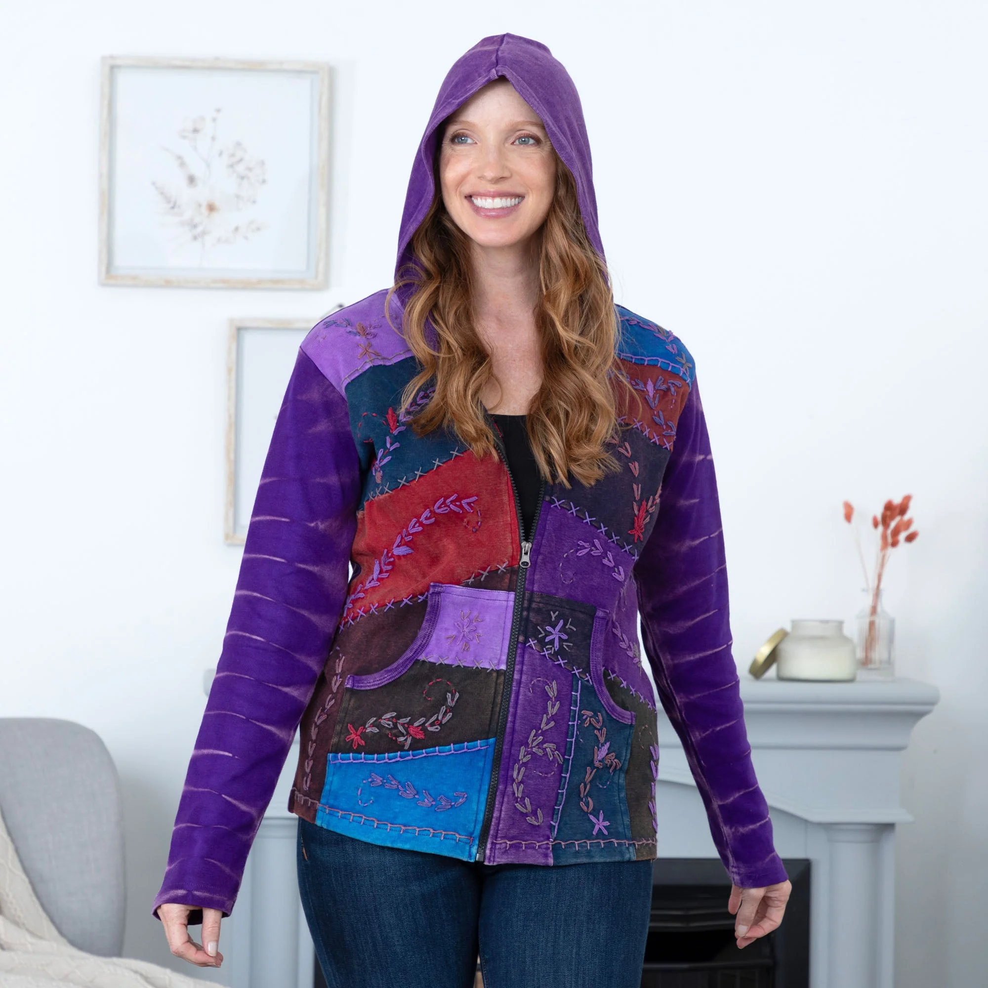 Patchwork Stitched Vine Hooded Jacket with Pockets - Image 5