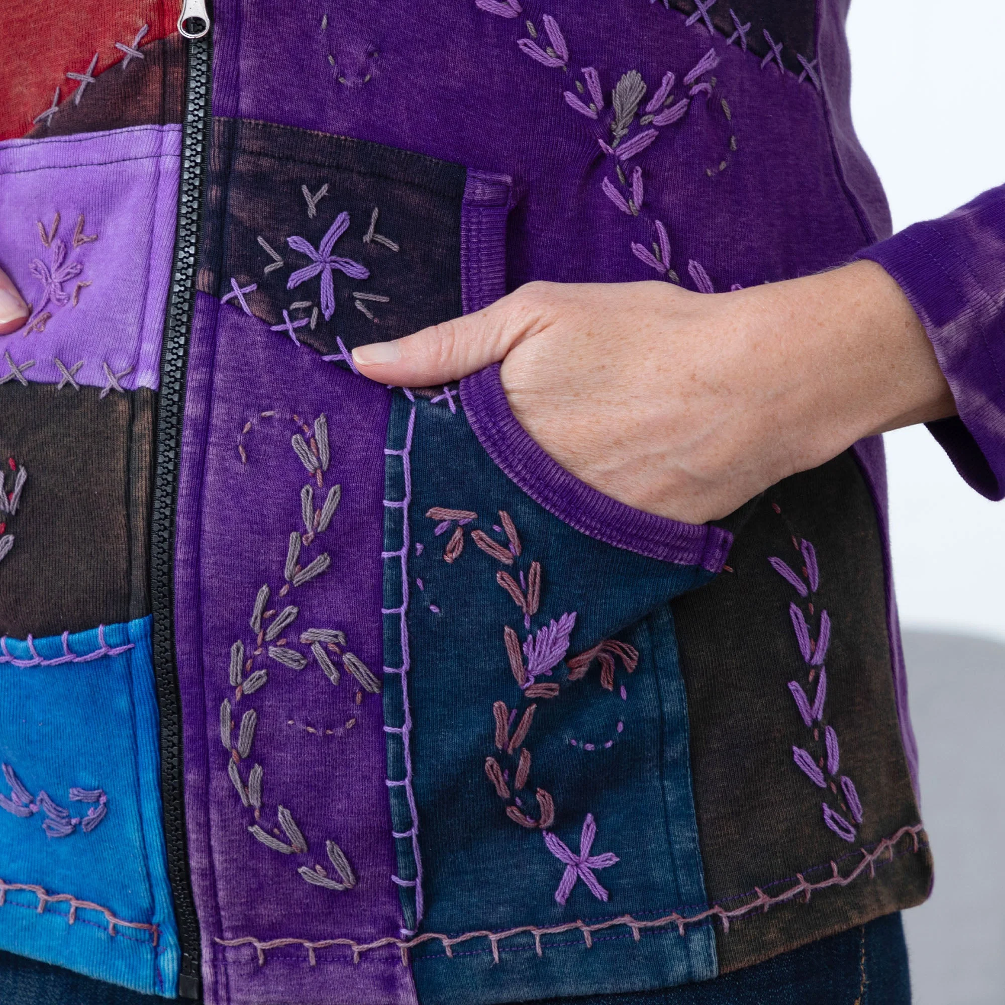 Patchwork Stitched Vine Hooded Jacket with Pockets - Image 6