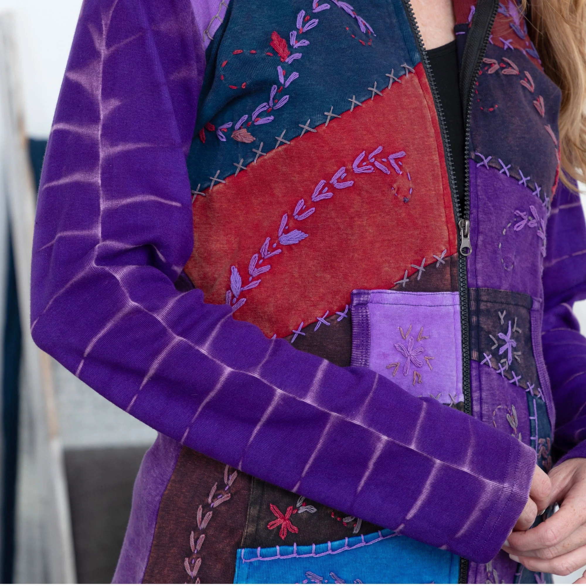 Patchwork Stitched Vine Hooded Jacket with Pockets - Image 8