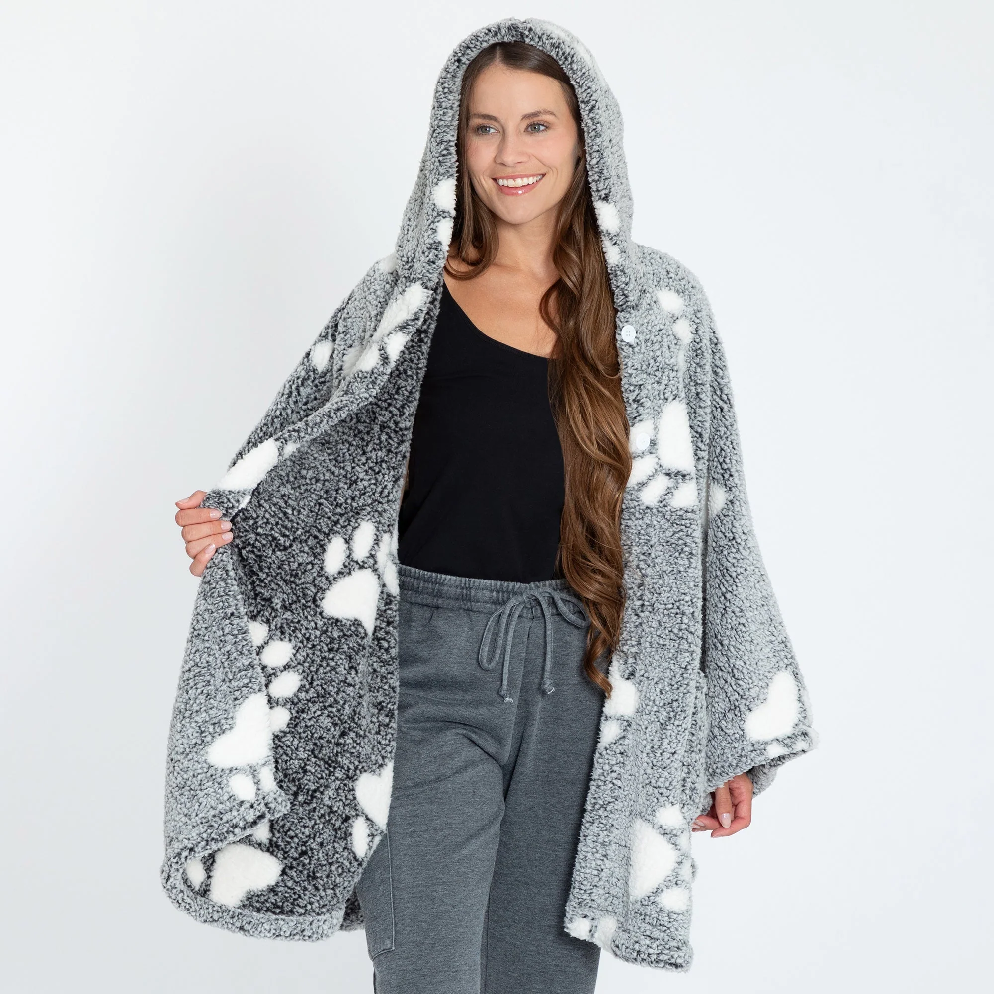 Cozy in Paws Plush Sherpa Fleece Hooded Cape with Pockets - Image 13