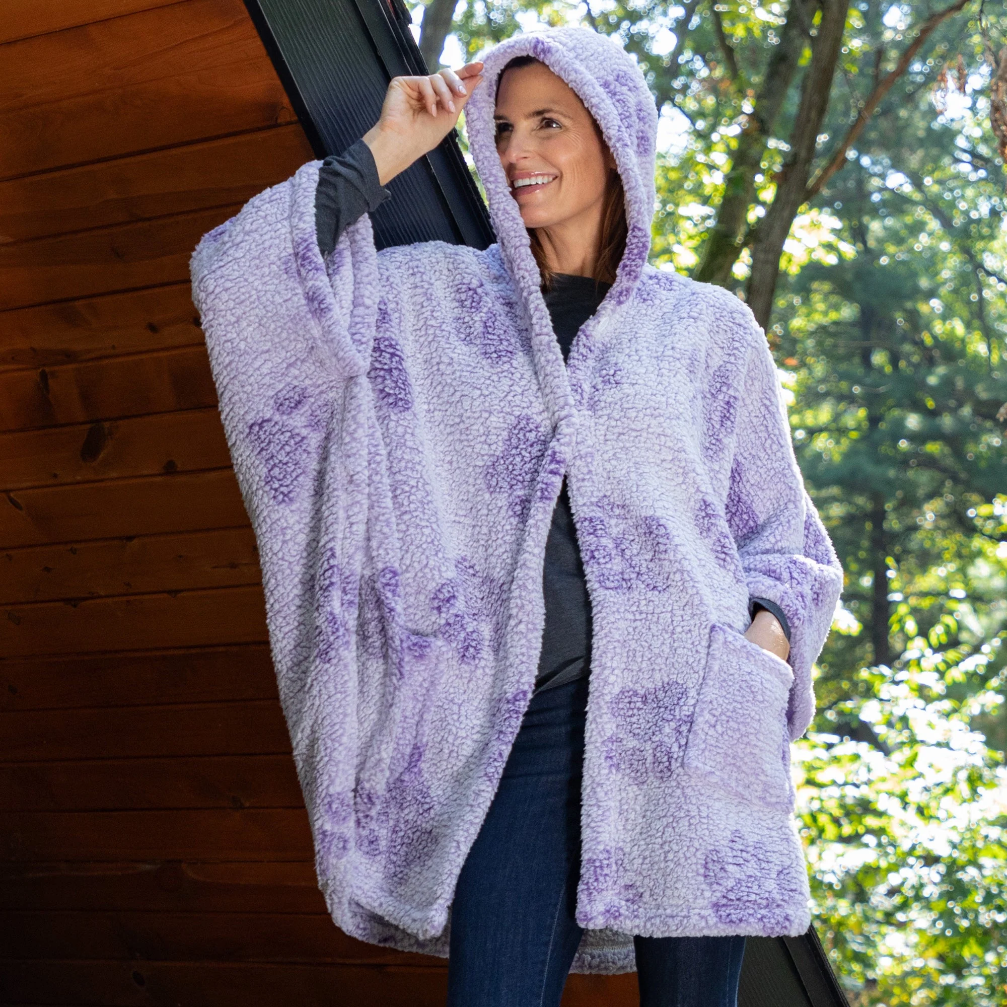 Cozy in Paws Plush Sherpa Fleece Hooded Cape with Pockets - Image 23