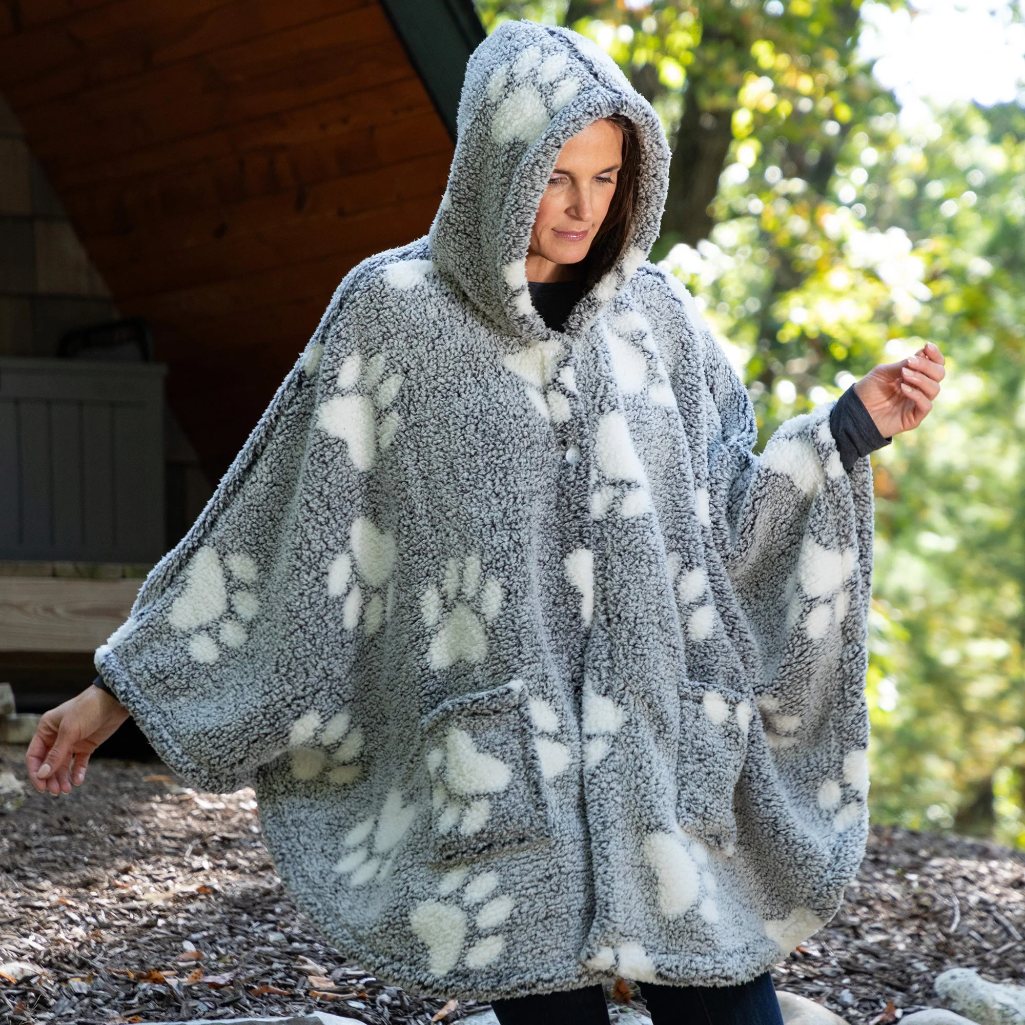 Cozy in Paws Plush Sherpa Fleece Hooded Cape with Pockets - Image 8