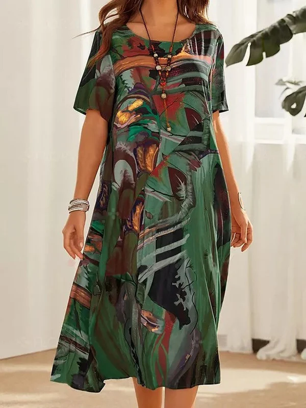 A-Line Loose Printed Round-Neck Midi Dresses - Image 2