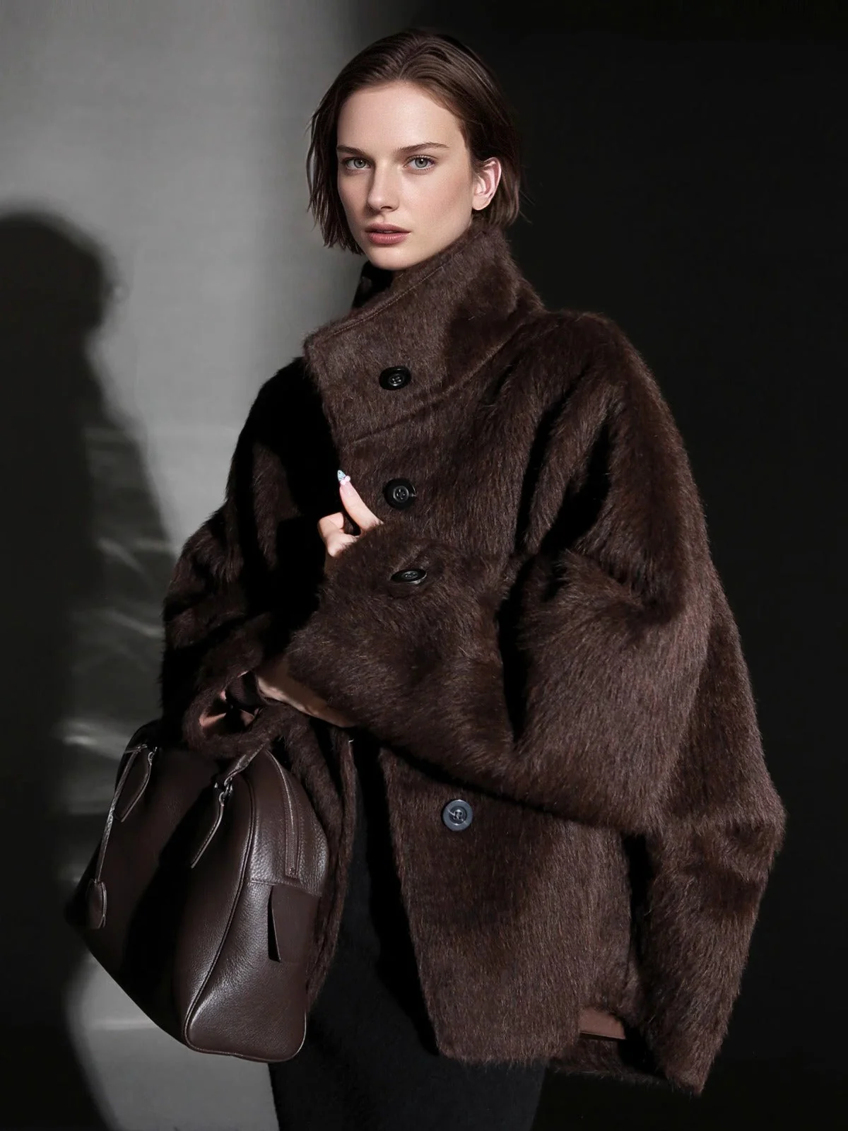 Alpaca Wool Biker Jacket for Women – Stand Collar Suoli Alpaca Coat with Luxe Textured Finish, Winter Chic Outerwear - Image 2