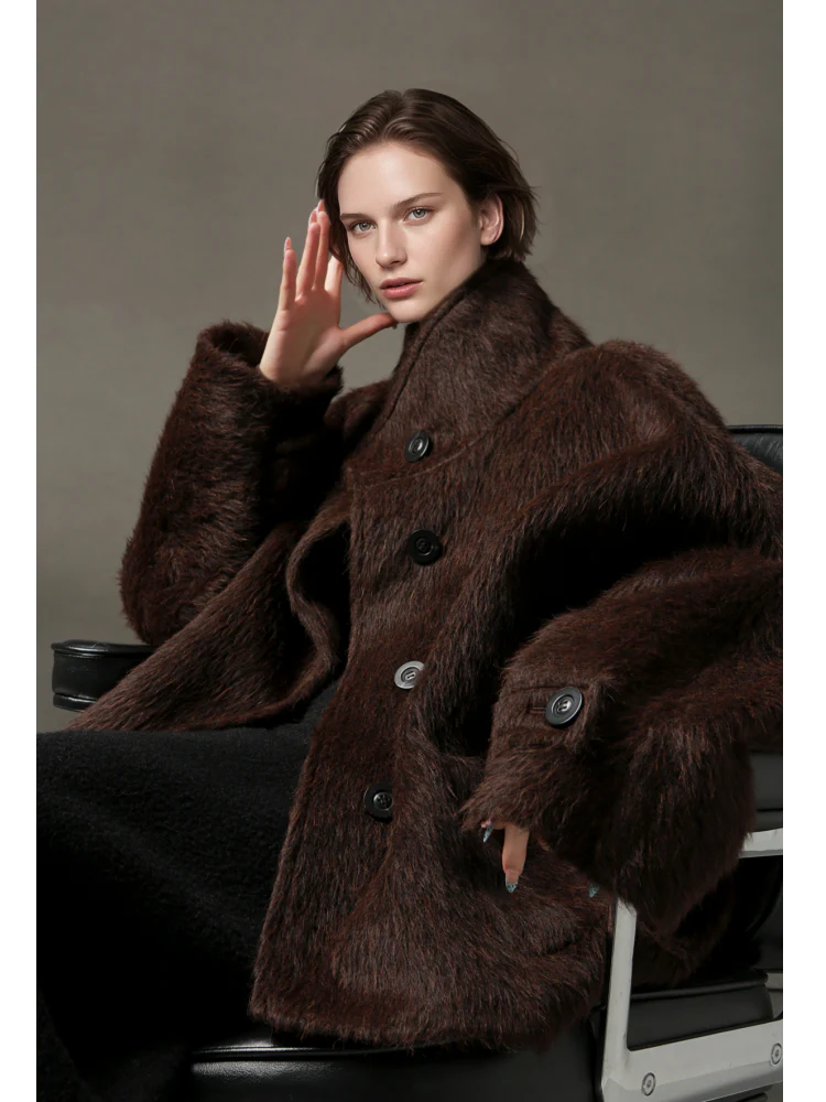 Alpaca Wool Biker Jacket for Women – Stand Collar Suoli Alpaca Coat with Luxe Textured Finish, Winter Chic Outerwear - Image 3