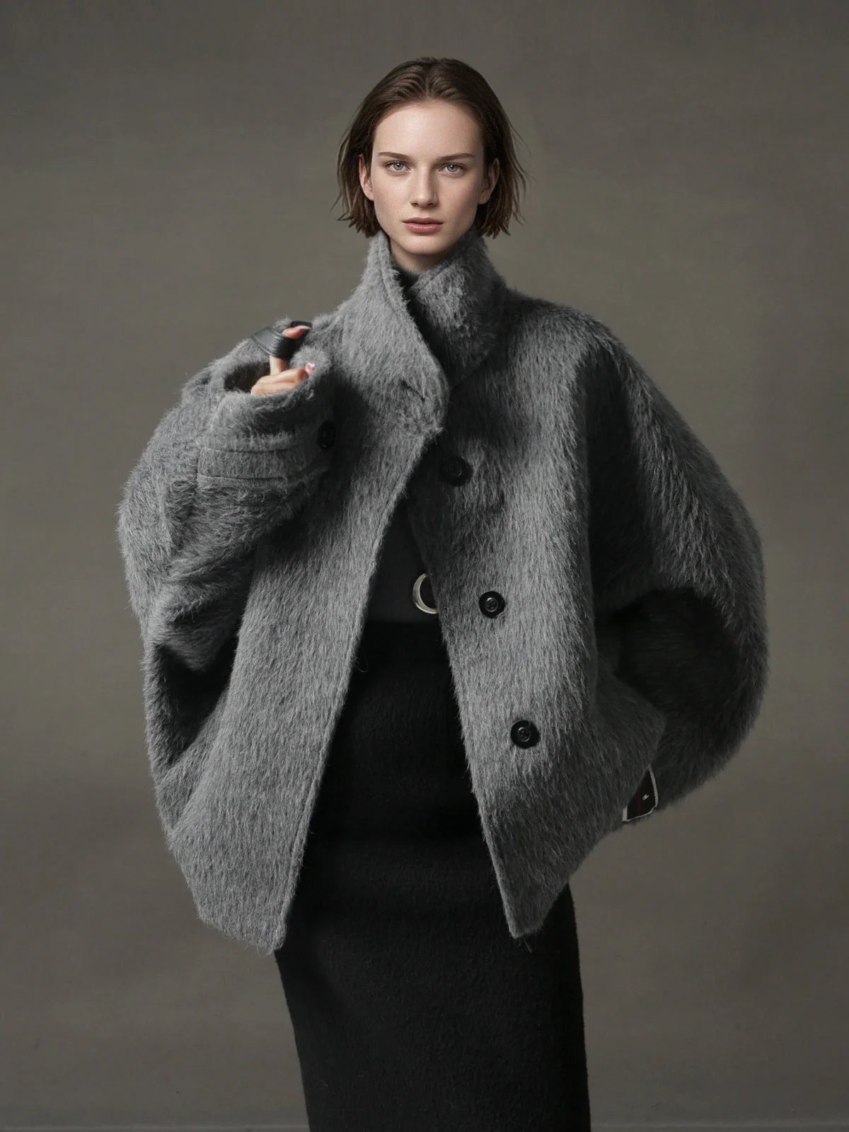 Alpaca Wool Biker Jacket for Women – Stand Collar Suoli Alpaca Coat with Luxe Textured Finish, Winter Chic Outerwear - Image 9