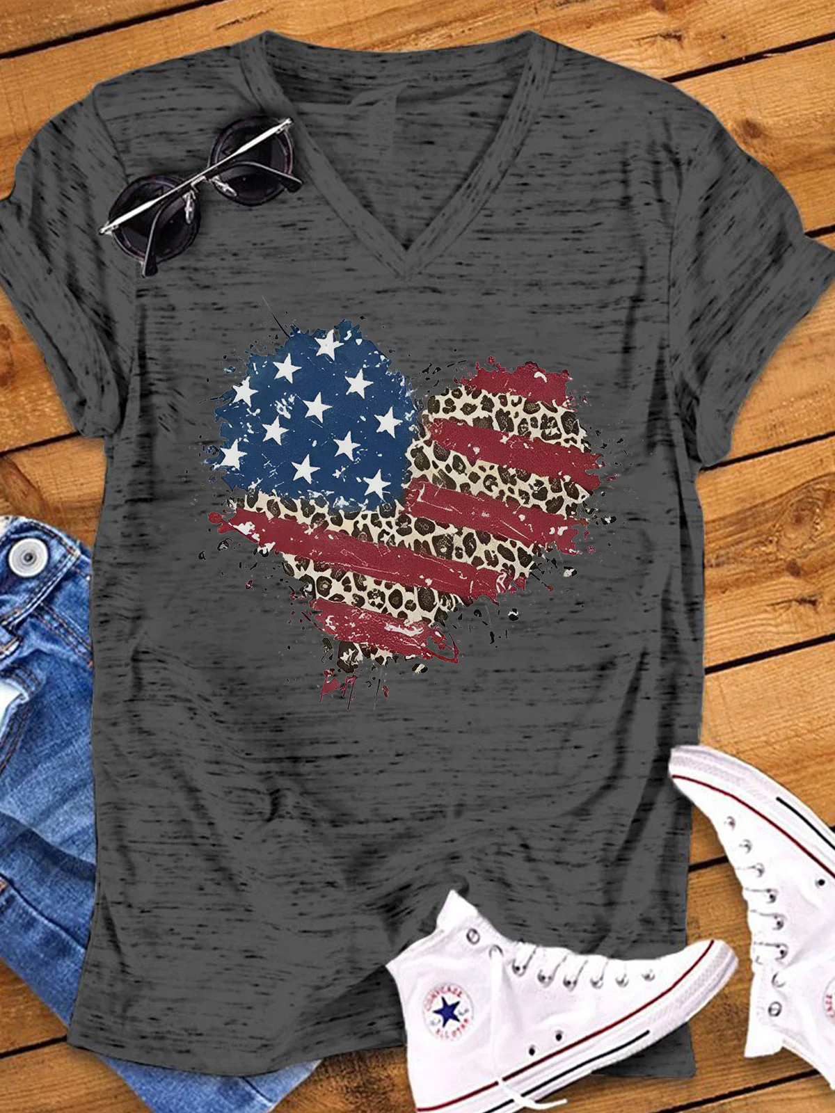 American Flag Heart Print V Neck T-shirt - Image 2
