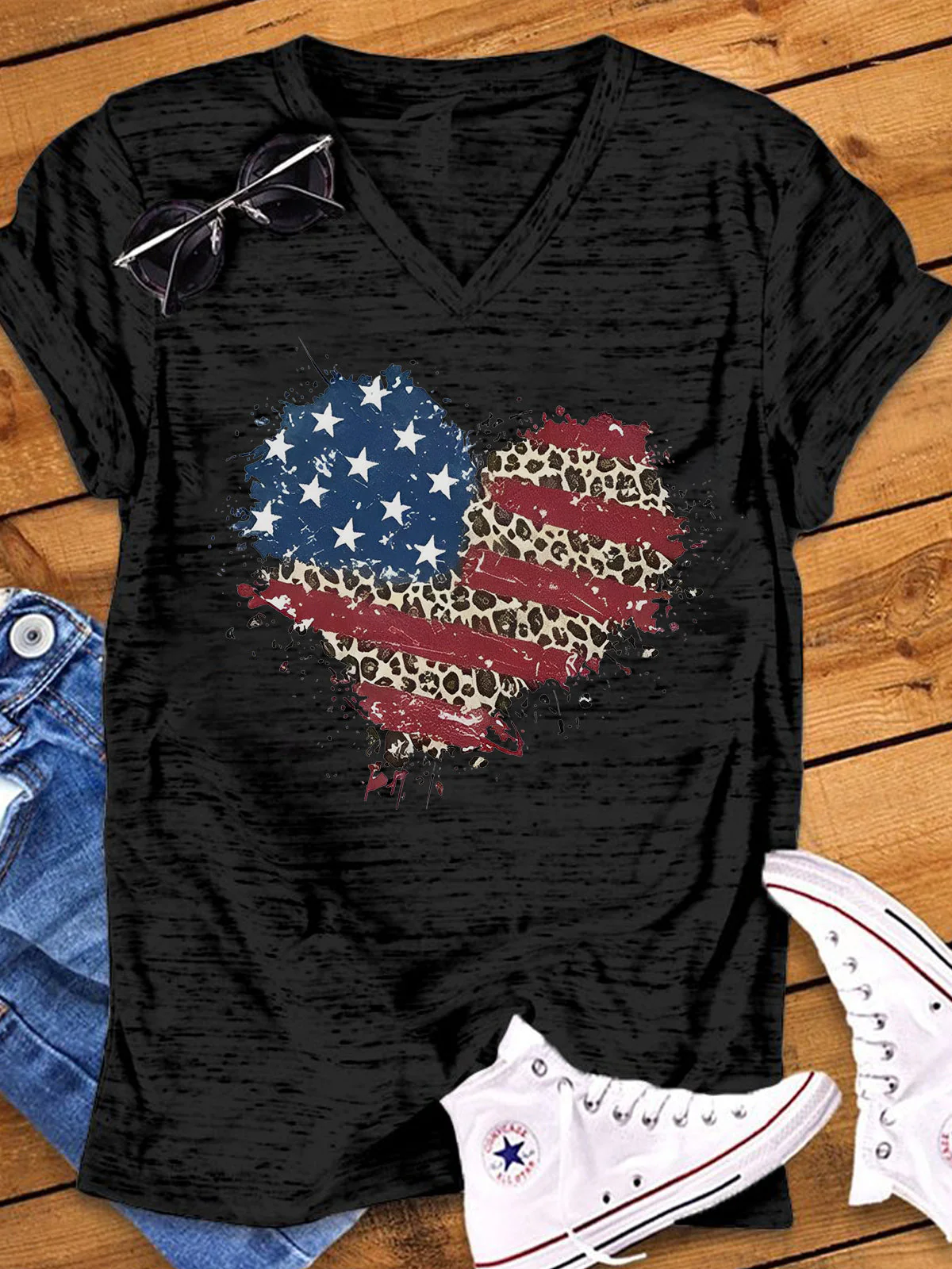 American Flag Heart Print V Neck T-shirt - Image 3