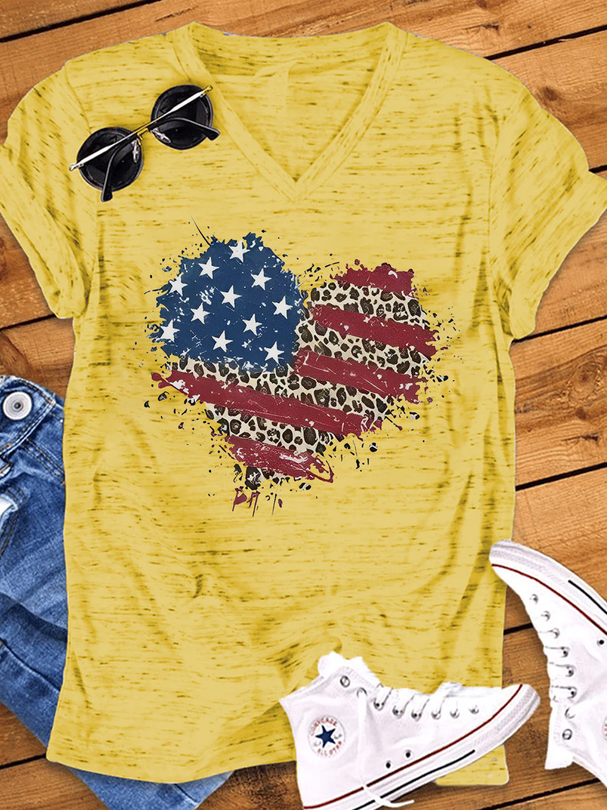 American Flag Heart Print V Neck T-shirt - Image 4