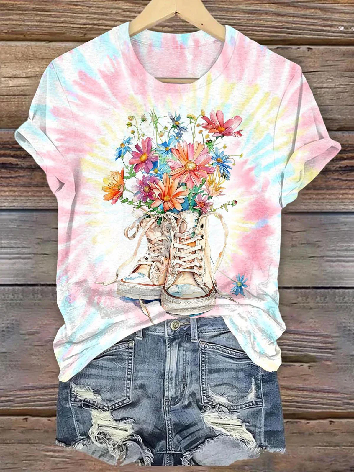 Artistic Tie Dyeing Flower Arrangement Crew Neck T-shirt