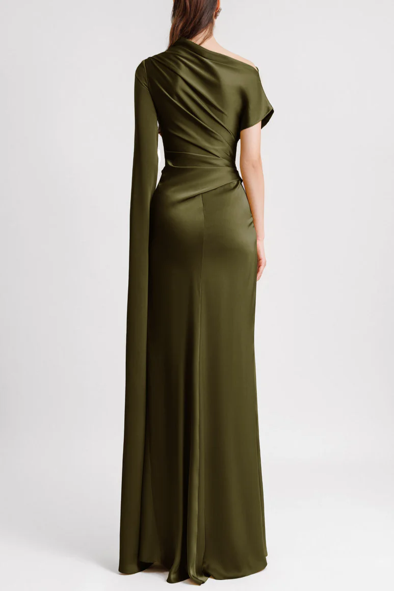 Asymmetrical Neckline Draped Olive Dress - Image 2