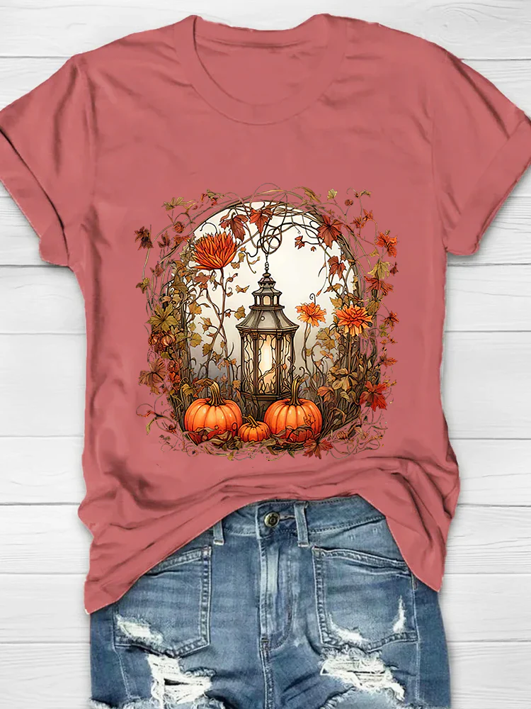 Autumn Pumpkin Printed Crew Neck Women's T-shirt - Image 3
