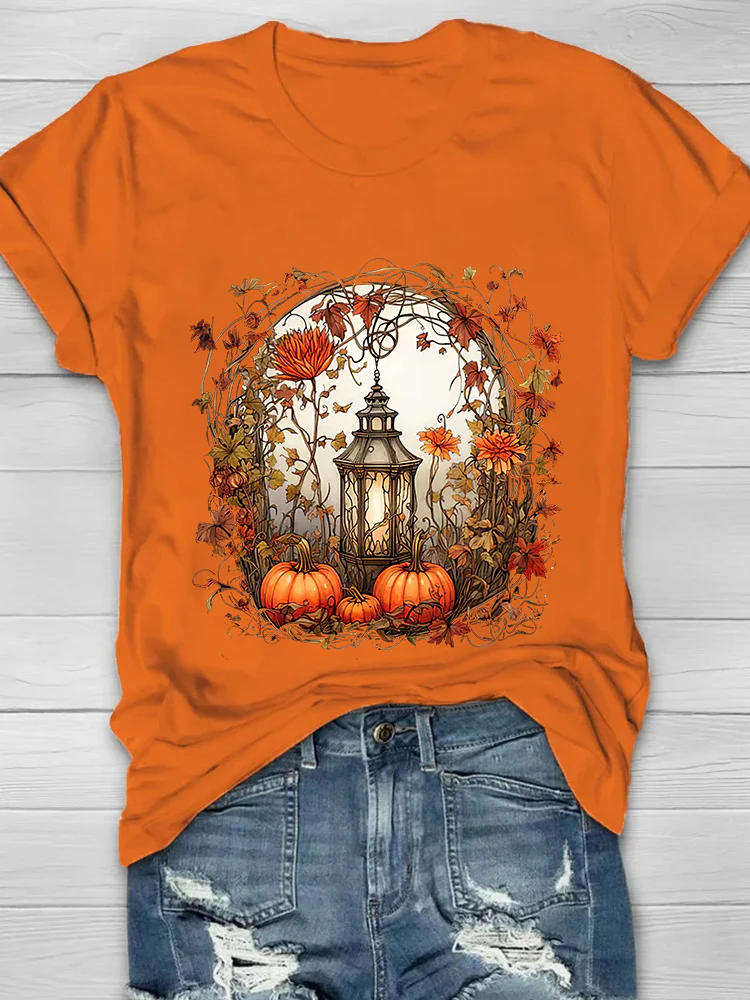 Autumn Pumpkin Printed Crew Neck Women's T-shirt - Image 5