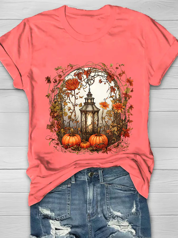 Autumn Pumpkin Printed Crew Neck Women's T-shirt - Image 6