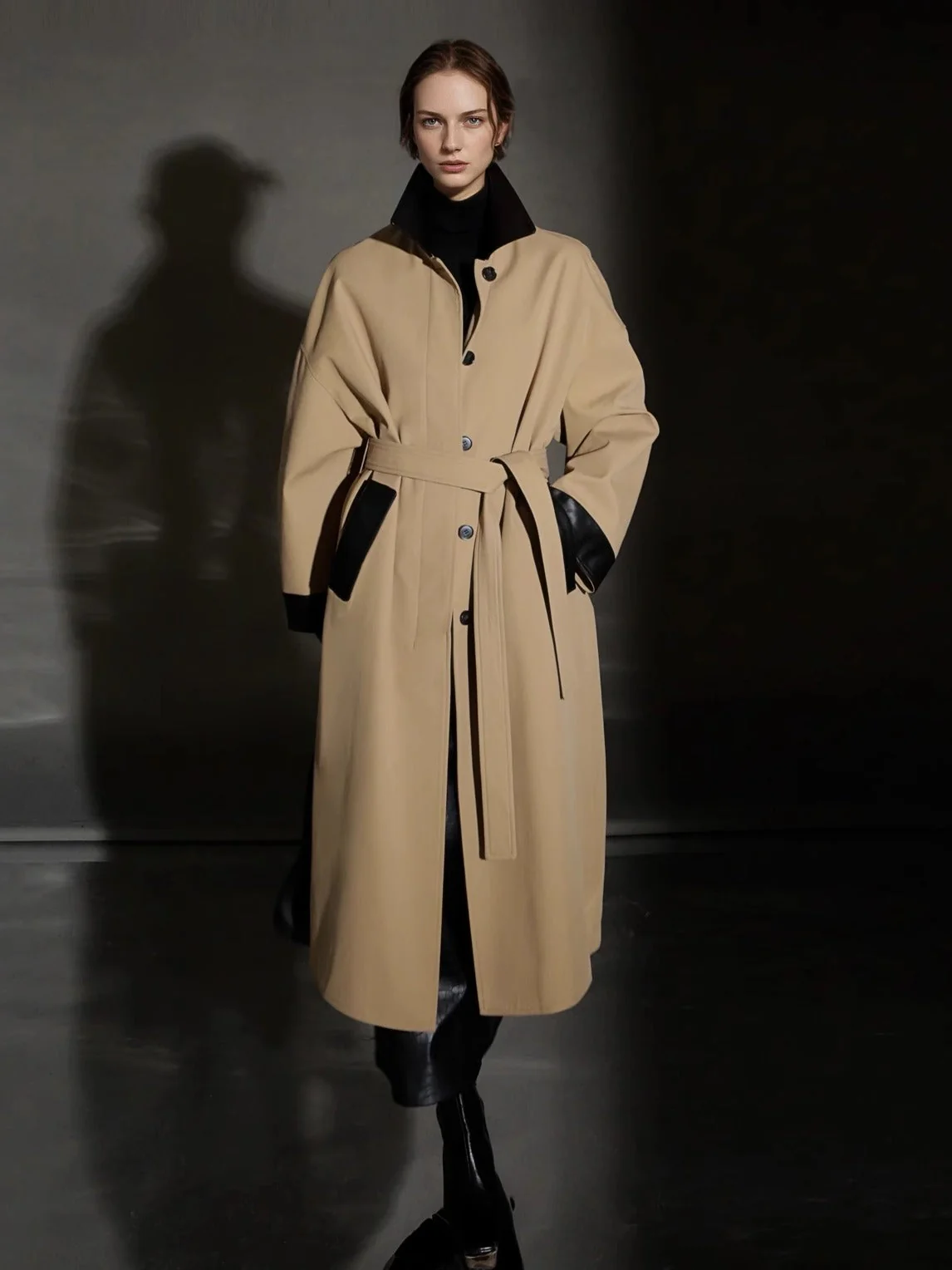 Barn-Style Chic Lambskin Leather Collar Trench Coat for Women – Gender-Neutral Long Autumn Overcoat with Unique Design - Image 2