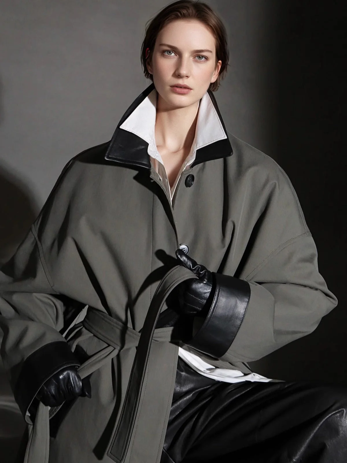 Barn-Style Chic Lambskin Leather Collar Trench Coat for Women – Gender-Neutral Long Autumn Overcoat with Unique Design - Image 3
