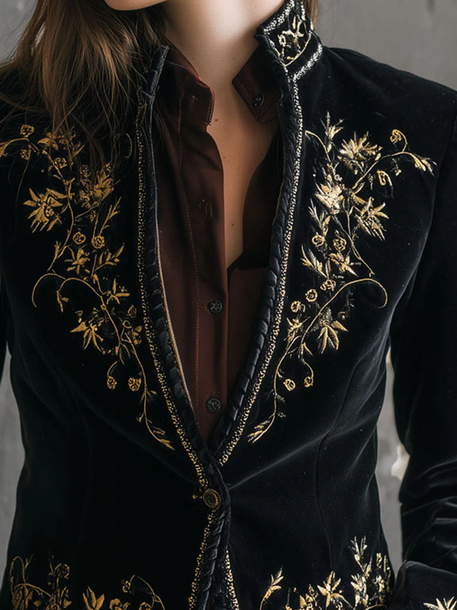 Baroque Black Velvet Gold Embroidered Jacket - Image 2