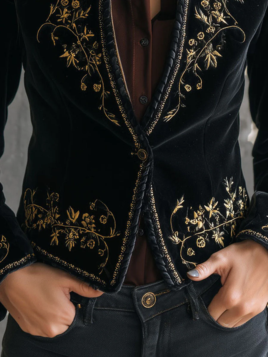Baroque Black Velvet Gold Embroidered Jacket - Image 3