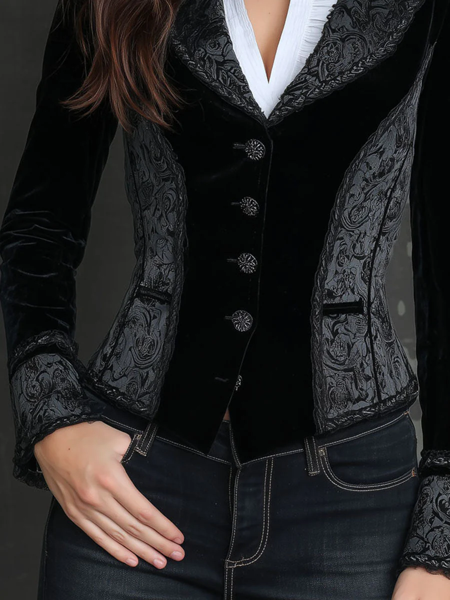 Baroque Black Velvet Print Sculpted Blazer - Image 2